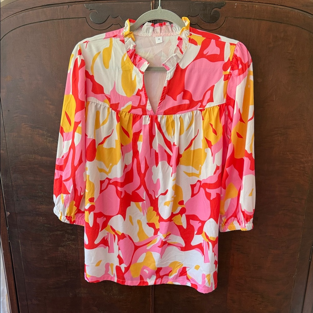Source Unknown Pink Red Yellow Abstract Peasant Blouse
